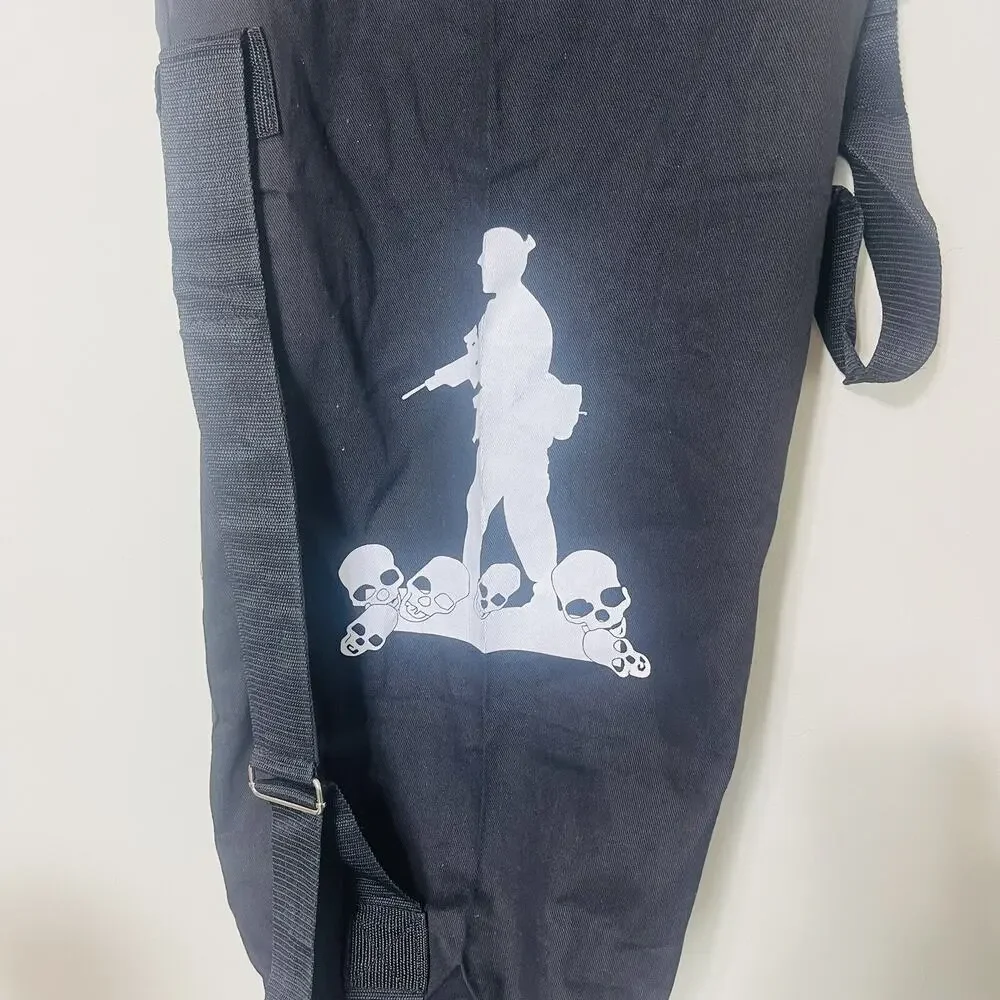 Army Military Top Load Duffle Bag W/ Shoulder Straps Black Skull Print 33” Large